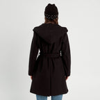 Manteau ceinturé à capuche noir femme