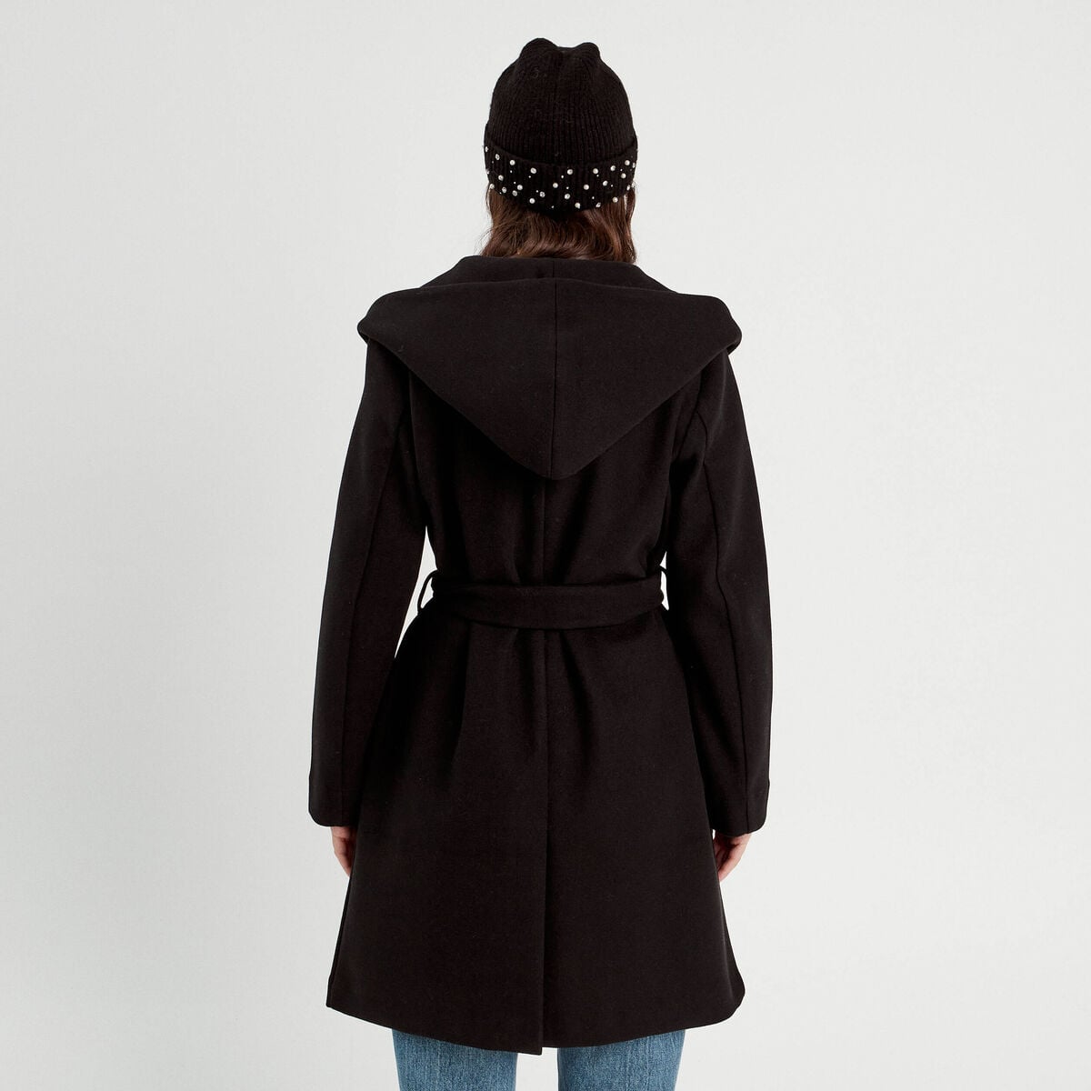 Manteau ceinturé à capuche noir femme