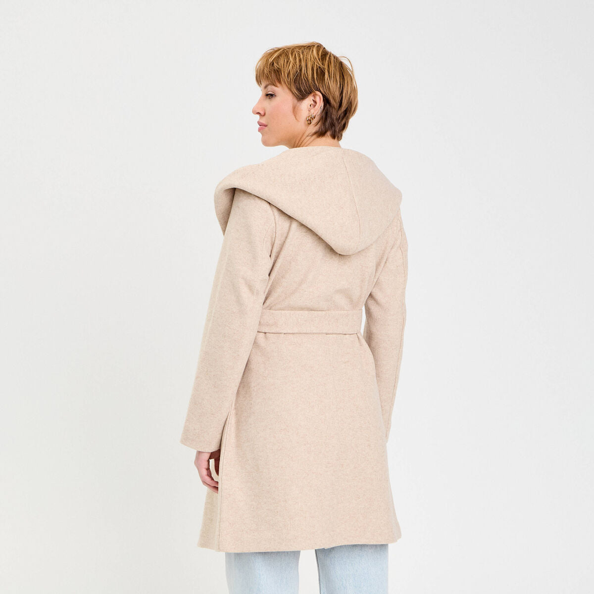 Manteau ceinturé à capuche beige femme