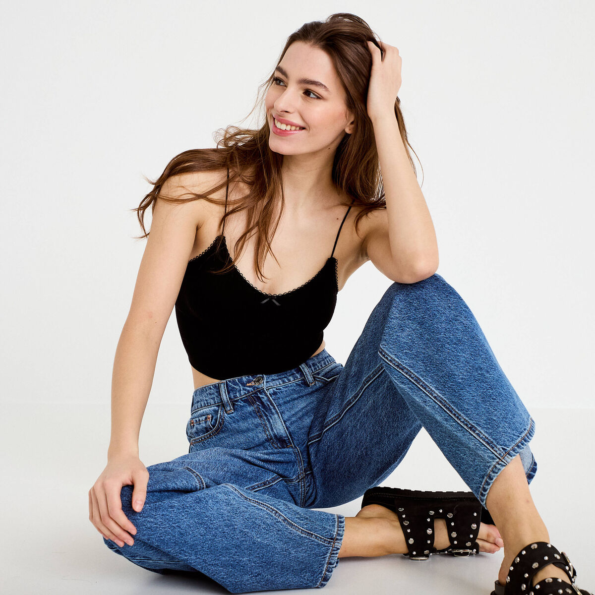 Crop top côtelé noir femme