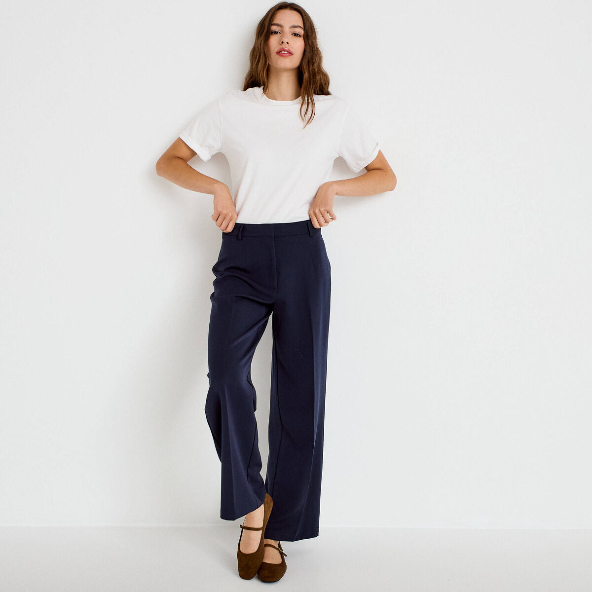 Pantalon large taille haute bleu marine femme