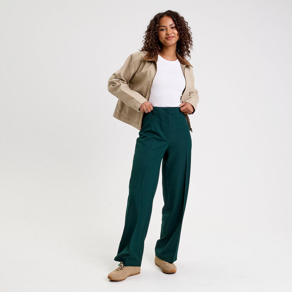 Pantalon large taille haute vert foncé femme