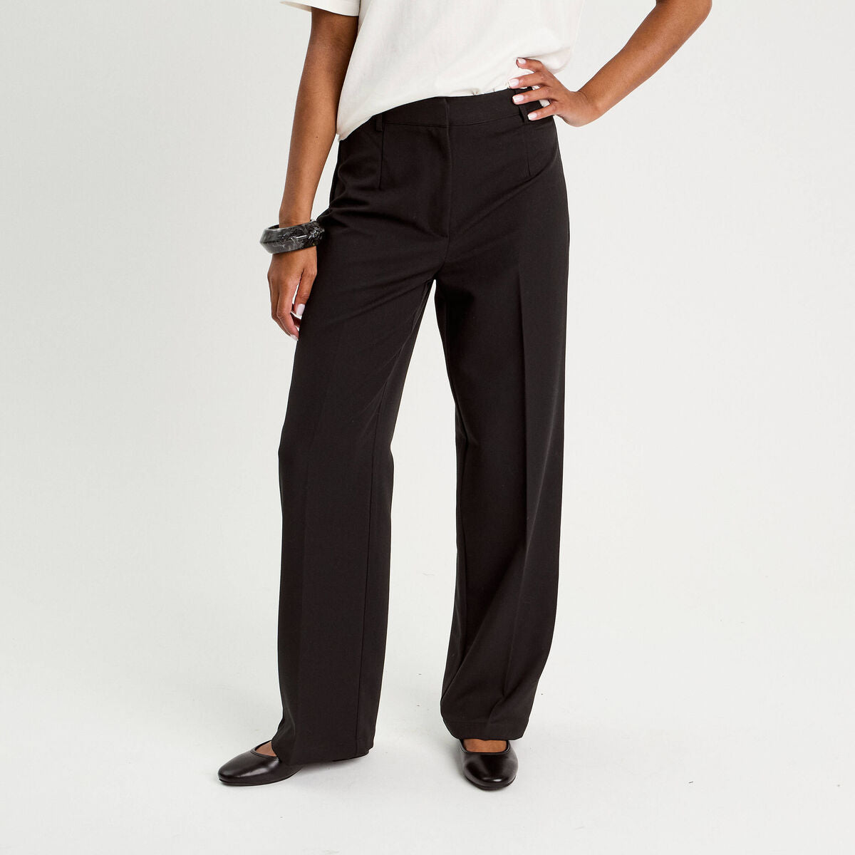 Pantalon large taille haute noir femme
