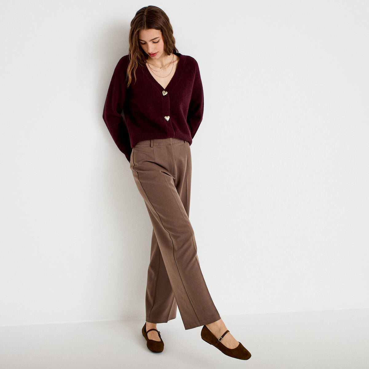 Pantalon large taille haute taupe femme