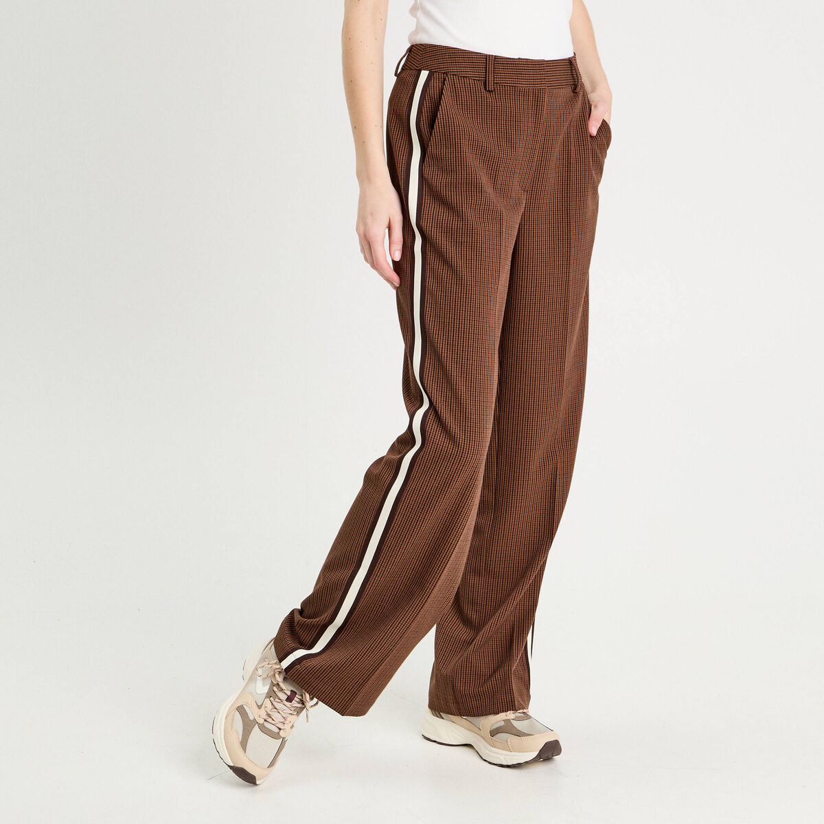 Pantalon large bandes côtés marron foncé femme