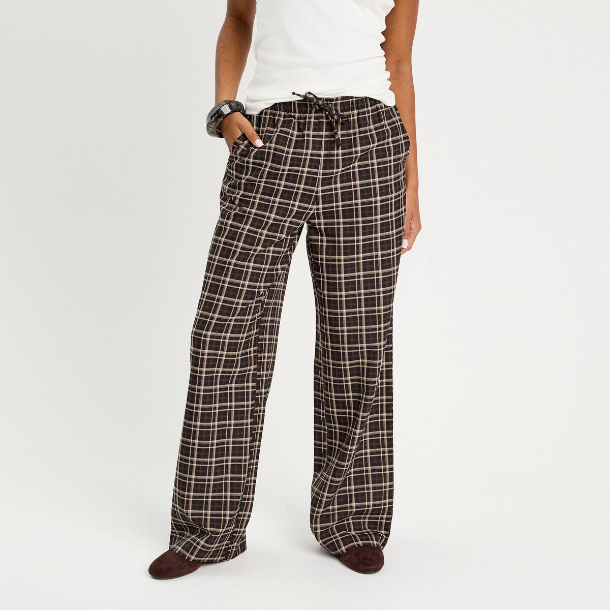 Pantalon large élastiqué marron chocolat femme