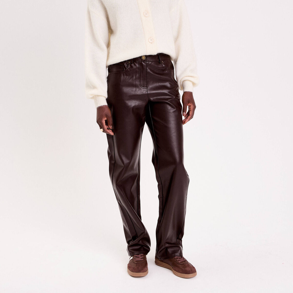 Pantalon droit similicuir marron foncé femme