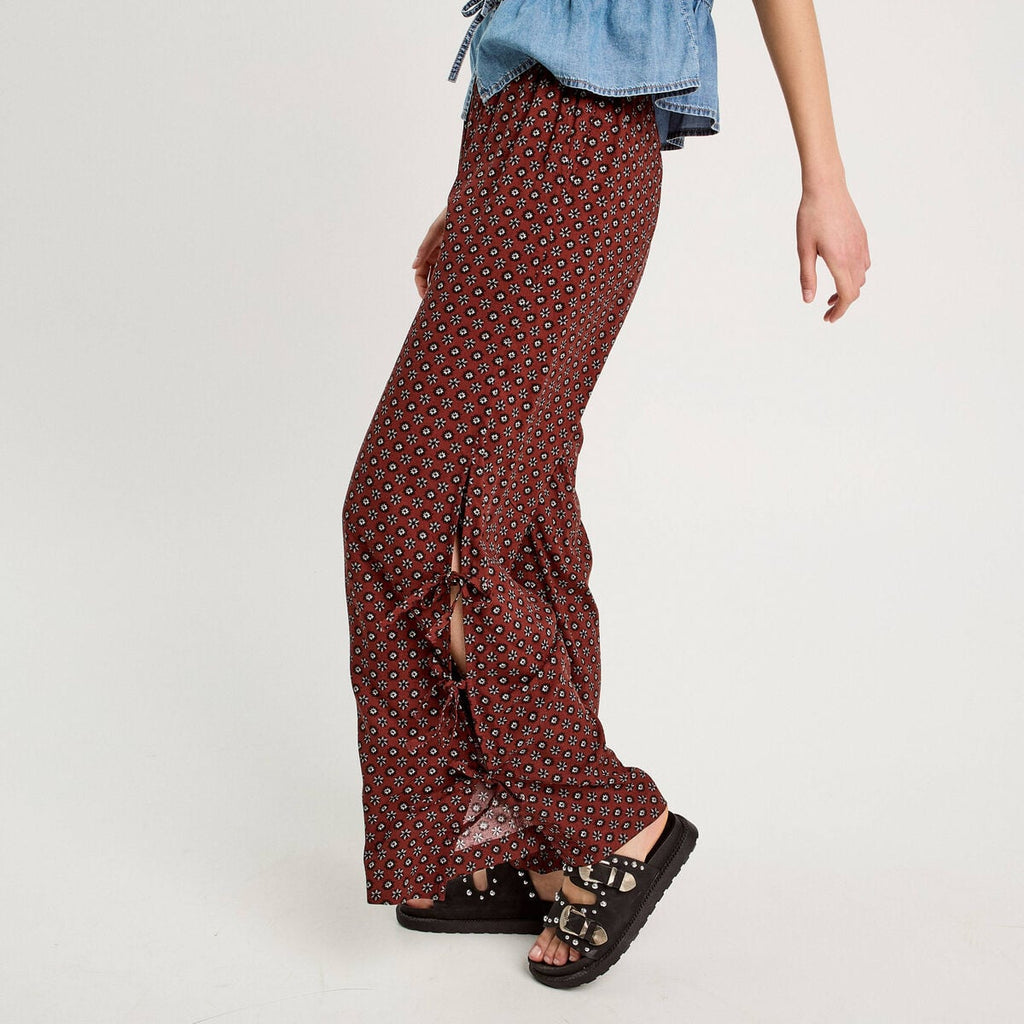 Pantalon large avec noeuds marron cognac femme