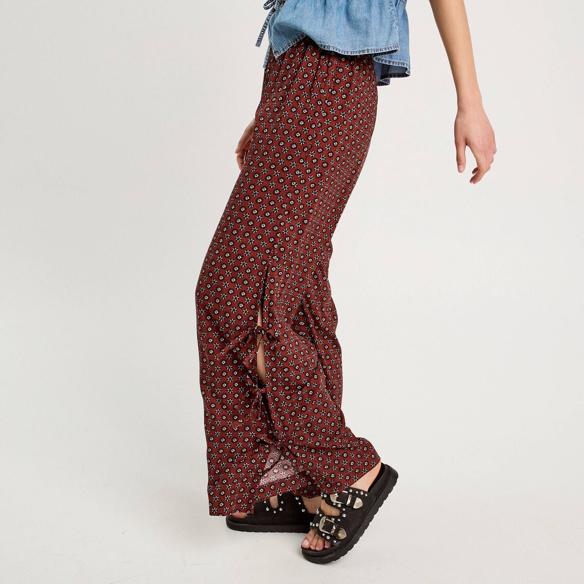 Pantalon large avec noeuds marron cognac femme