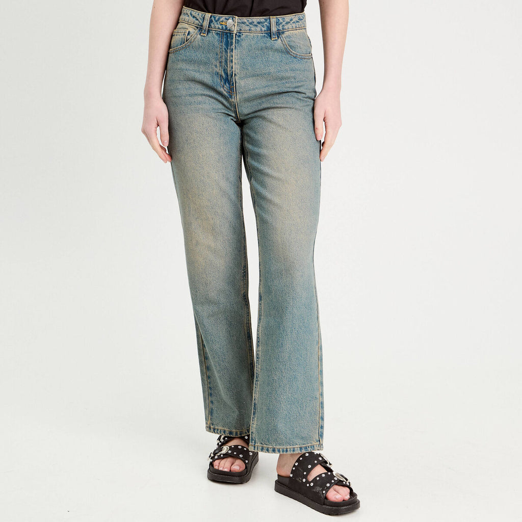 Jeans droit sangle arrière denim bleach femme