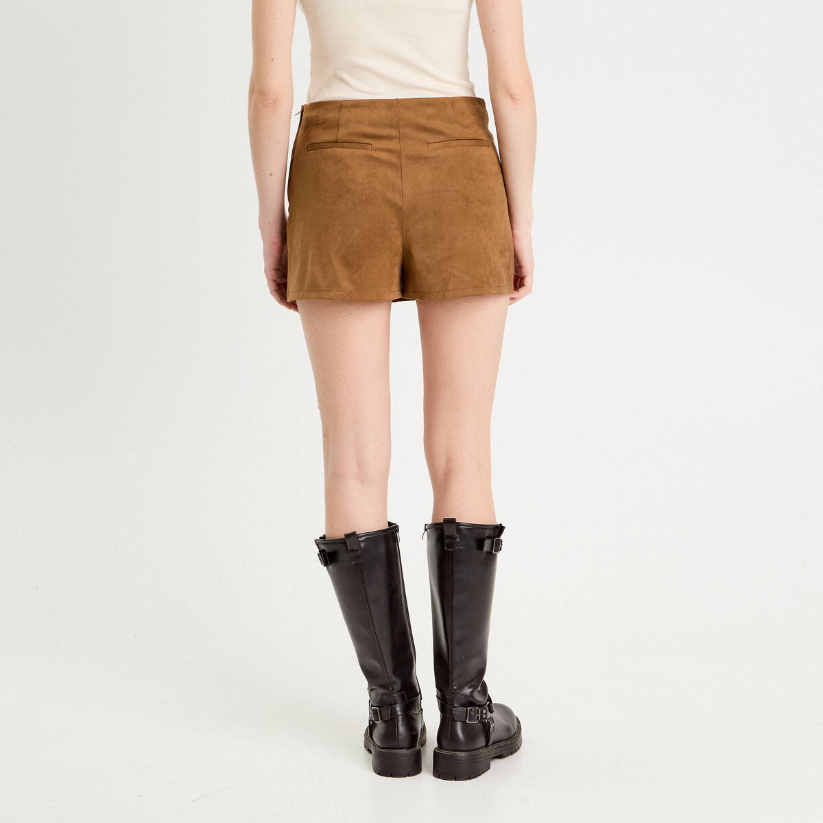 Jupe-short évasée suédine marron femme