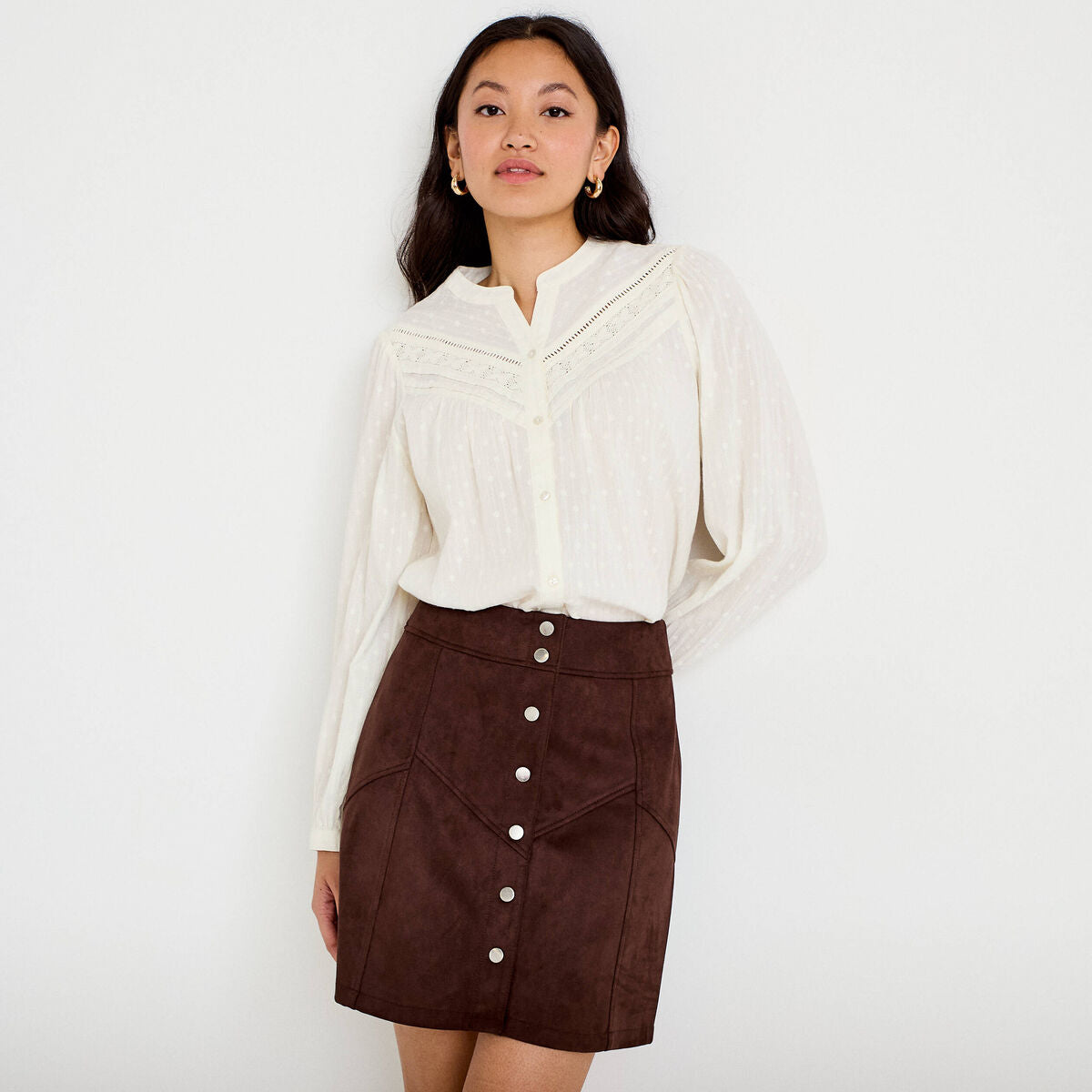Jupe trapèze courte aspect daim marron foncé femme