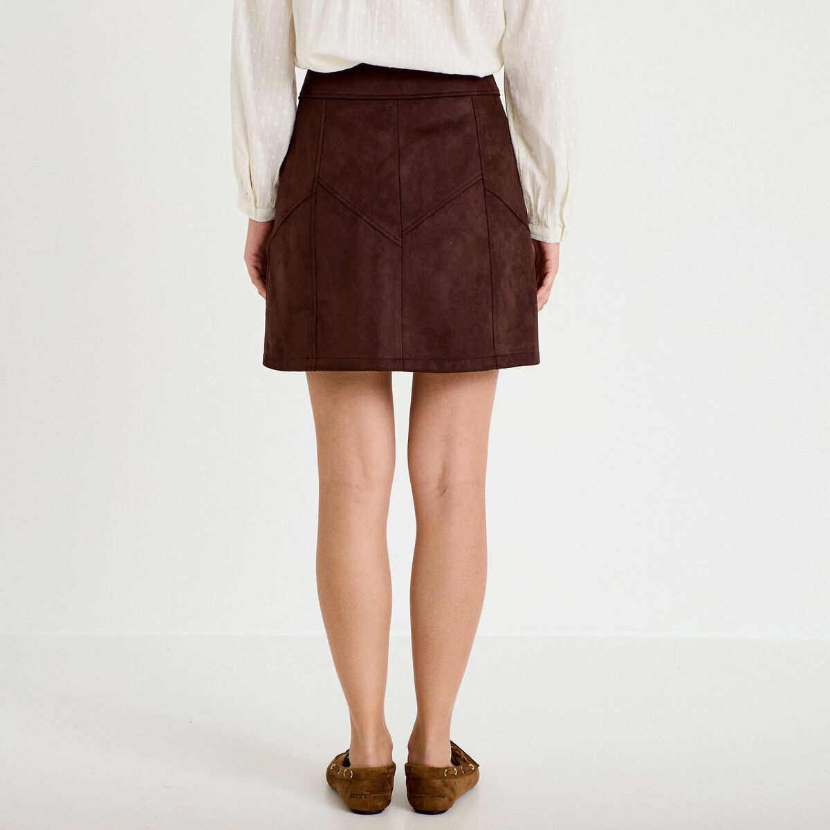 Jupe trapèze courte aspect daim marron foncé femme