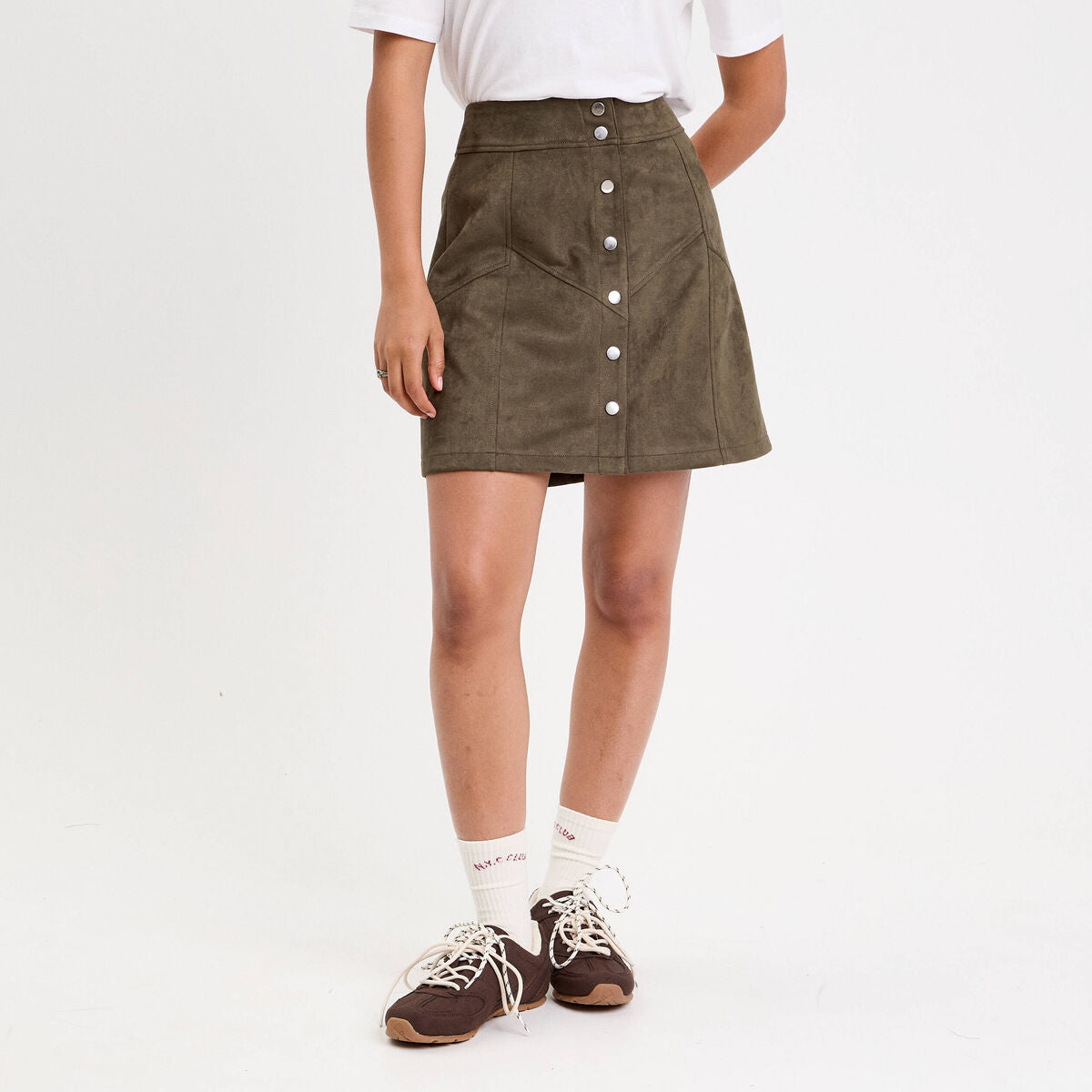 Jupe trapèze courte aspect daim vert kaki femme
