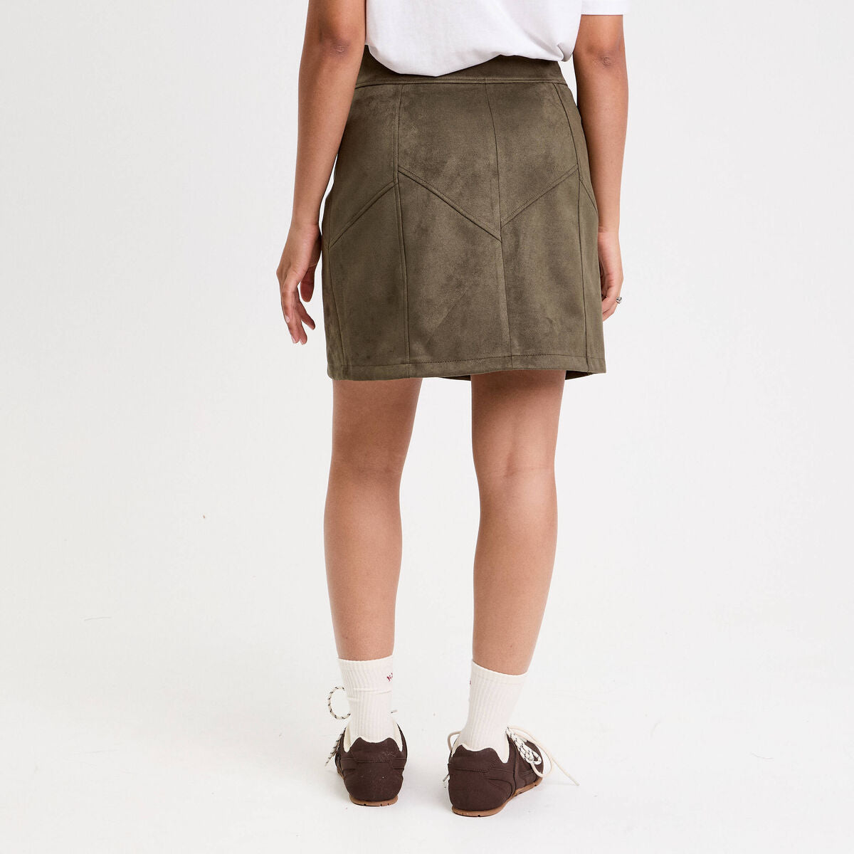 Jupe trapèze courte aspect daim vert kaki femme