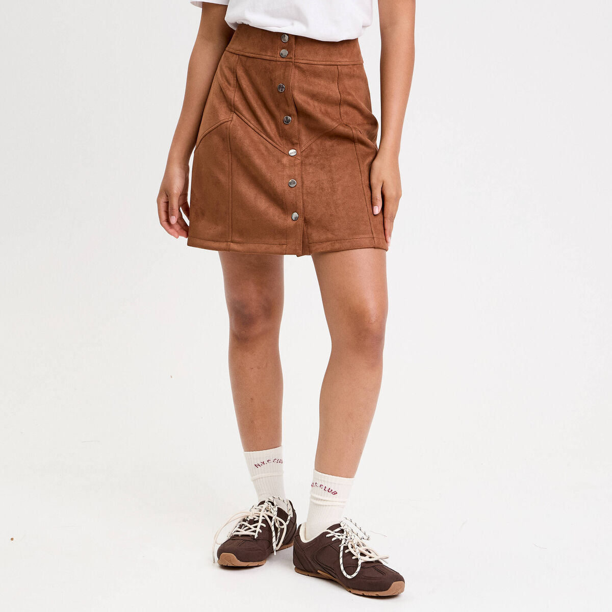 Jupe trapèze courte aspect daim marron femme