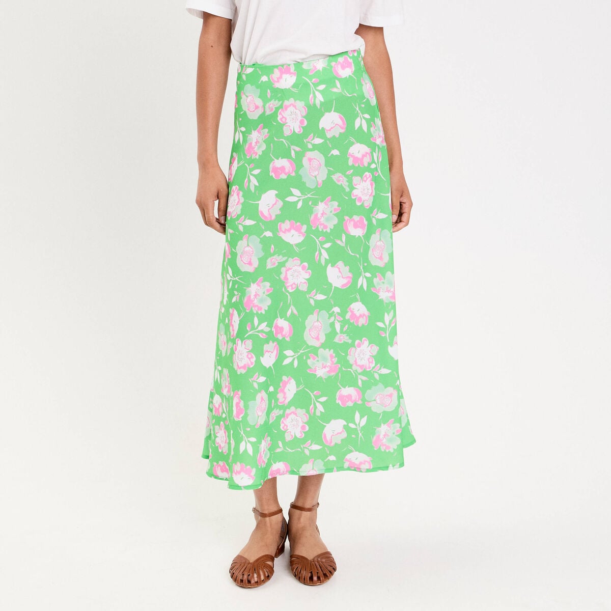 Jupe évasée longueur midi vert fluo femme