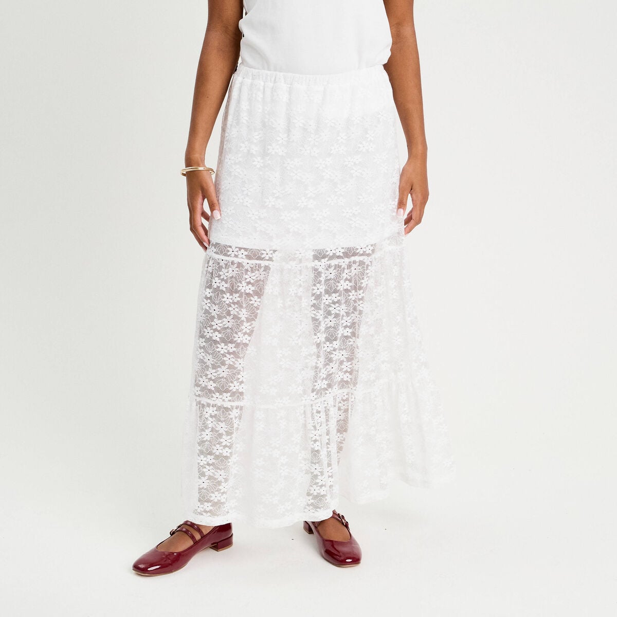 Jupe longue évasée dentelle blanc femme