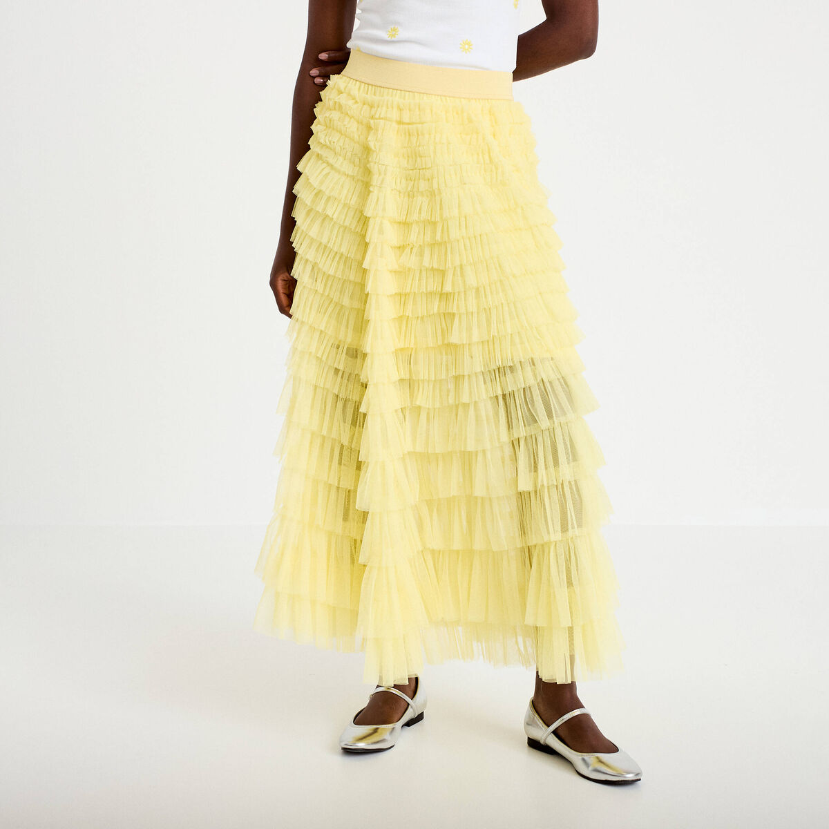 Jupe longue évasée jaune pastel femme