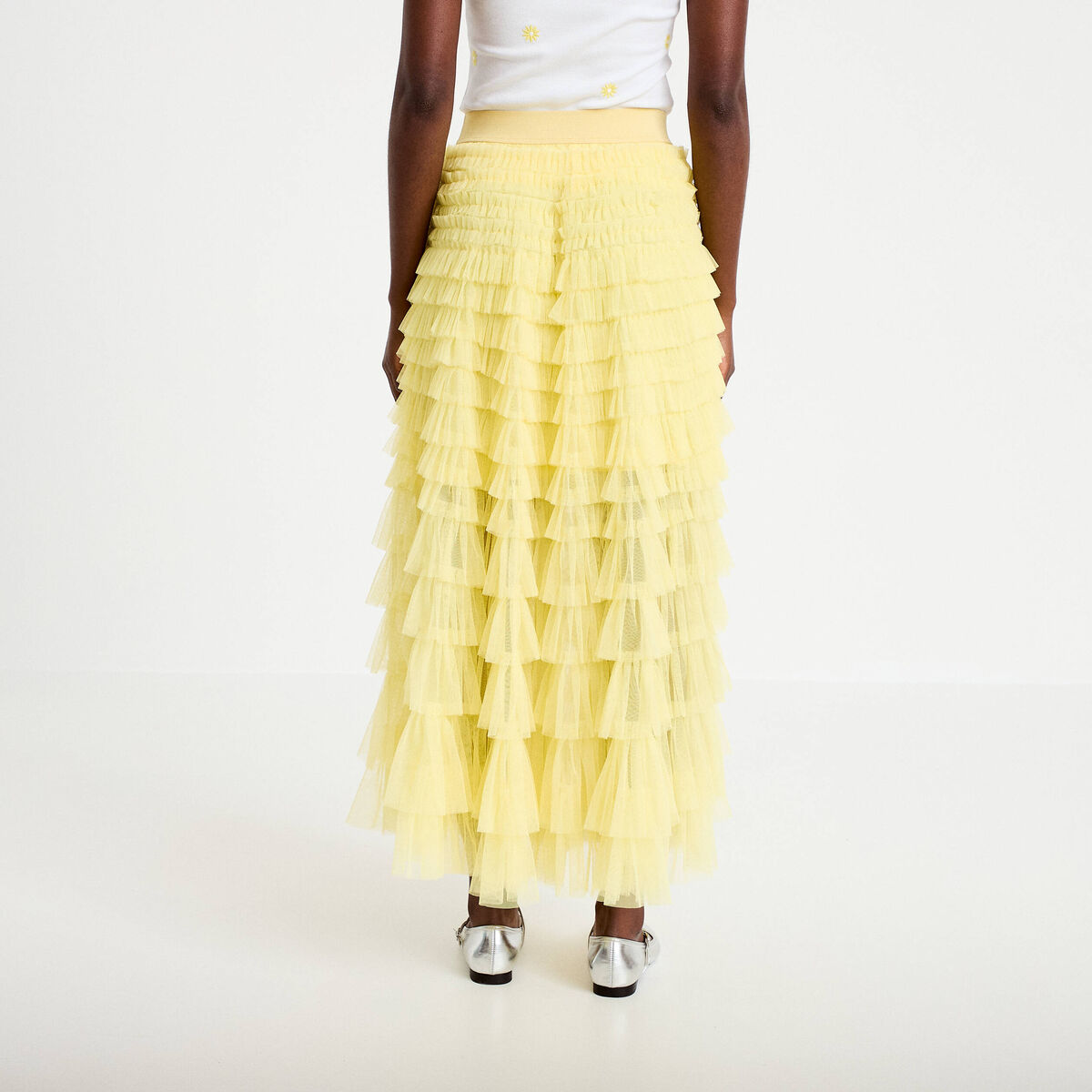 Jupe longue évasée jaune pastel femme