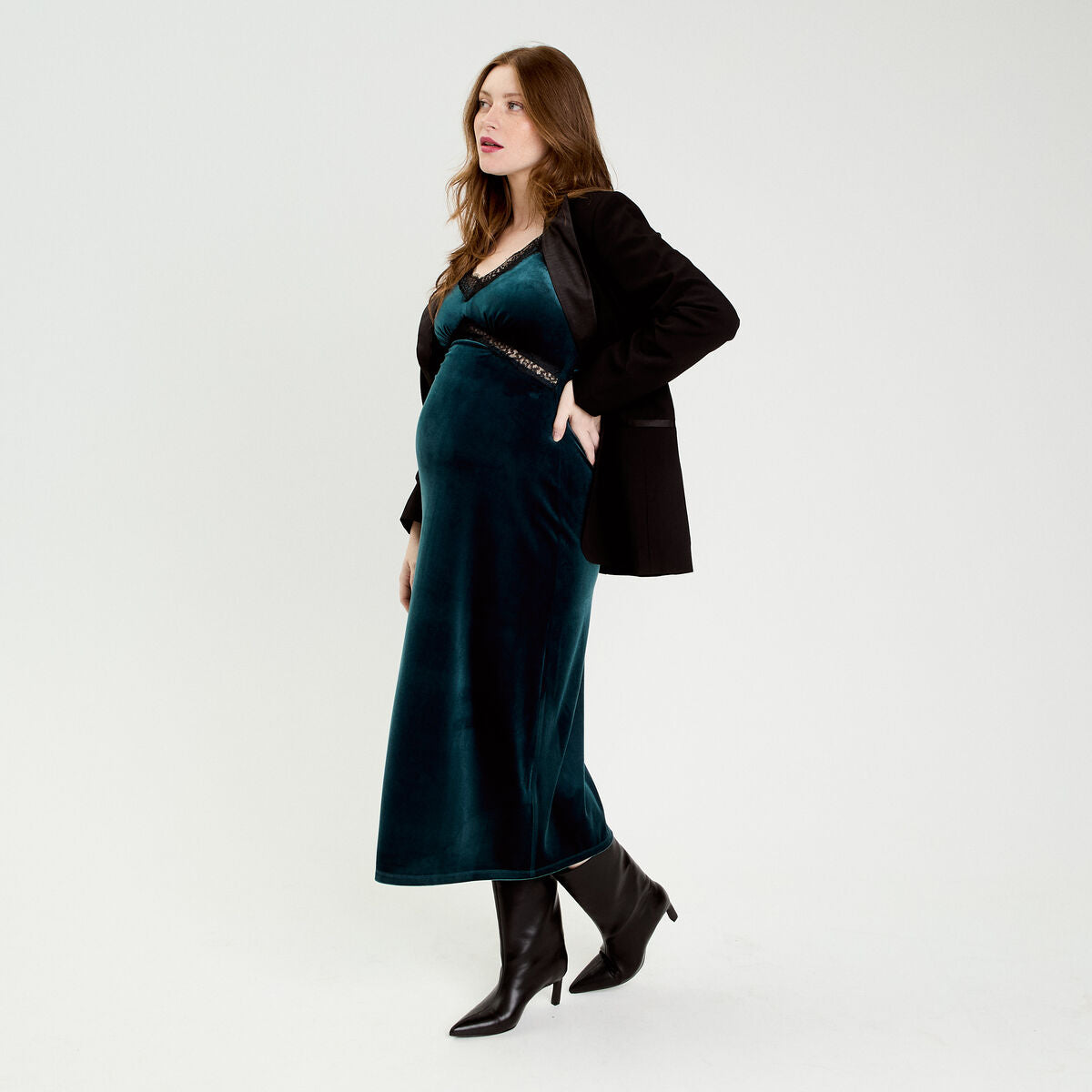 Robe longue en velours détails dentelle bleu canard femme