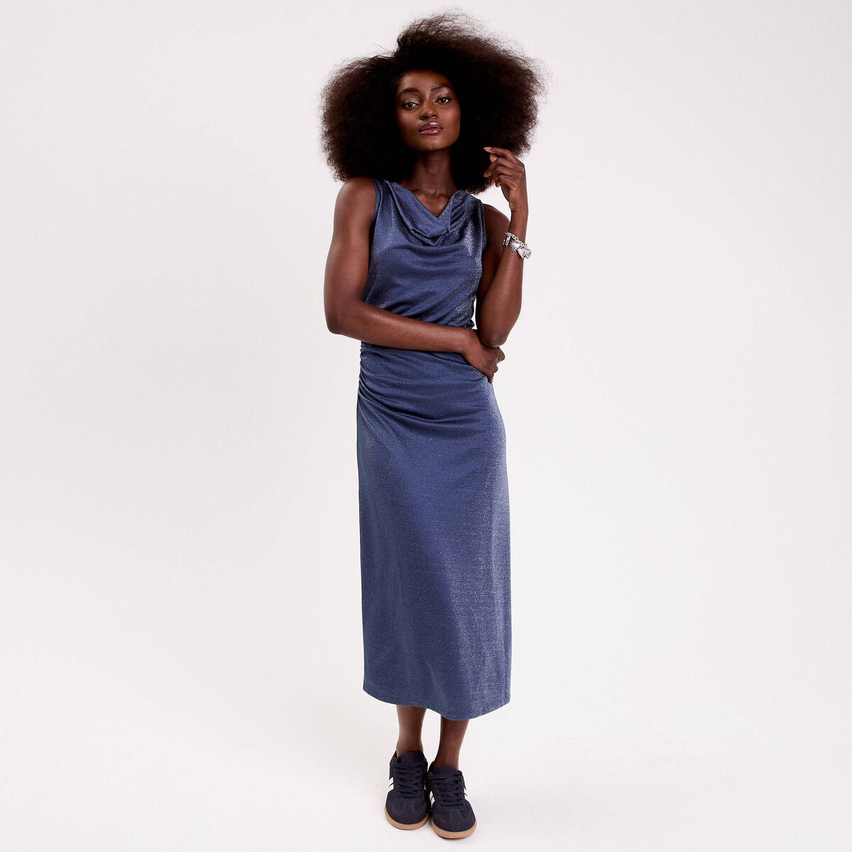 Robe longue fils métallisés bleu foncé femme