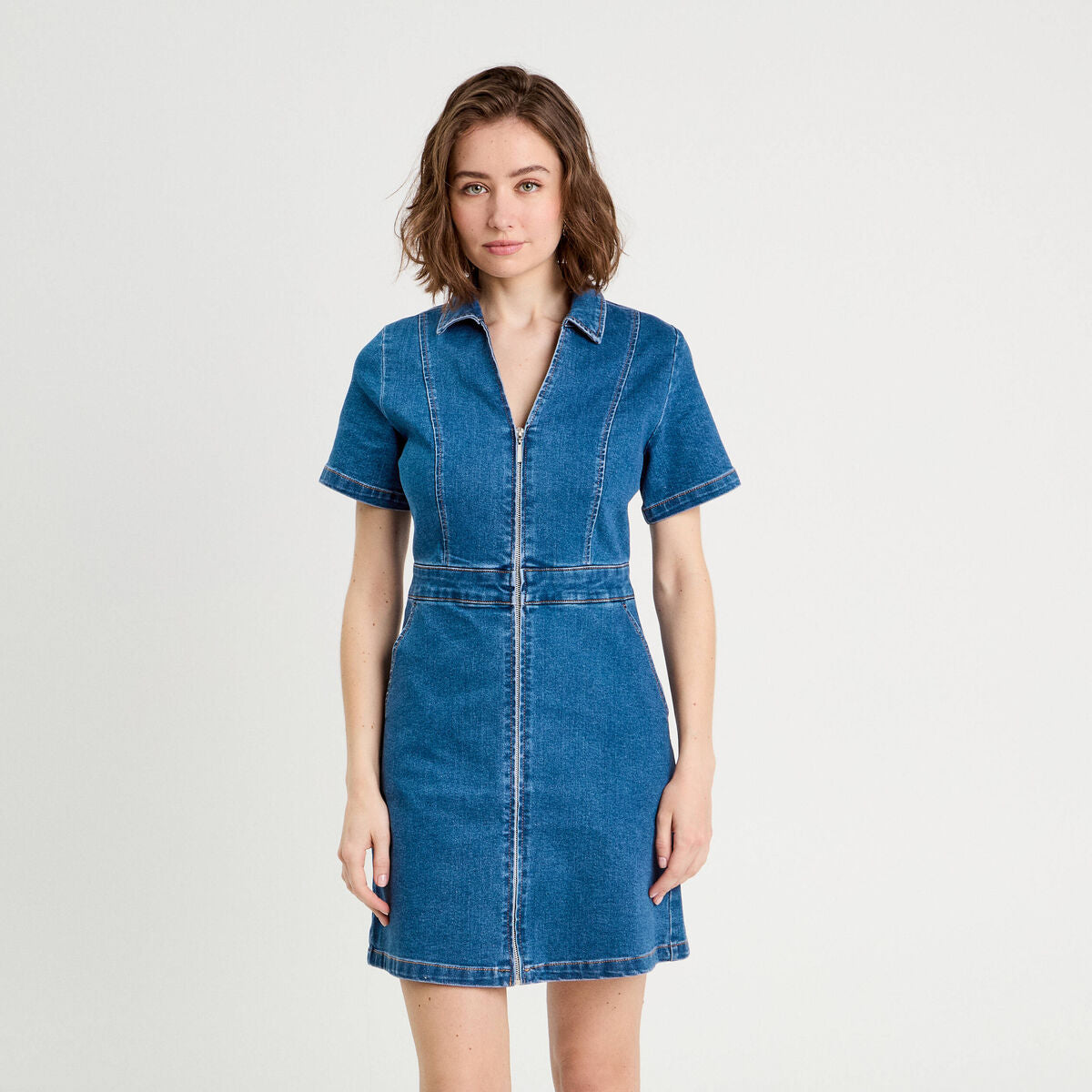 Robe droite zippée en jean denim stone femme