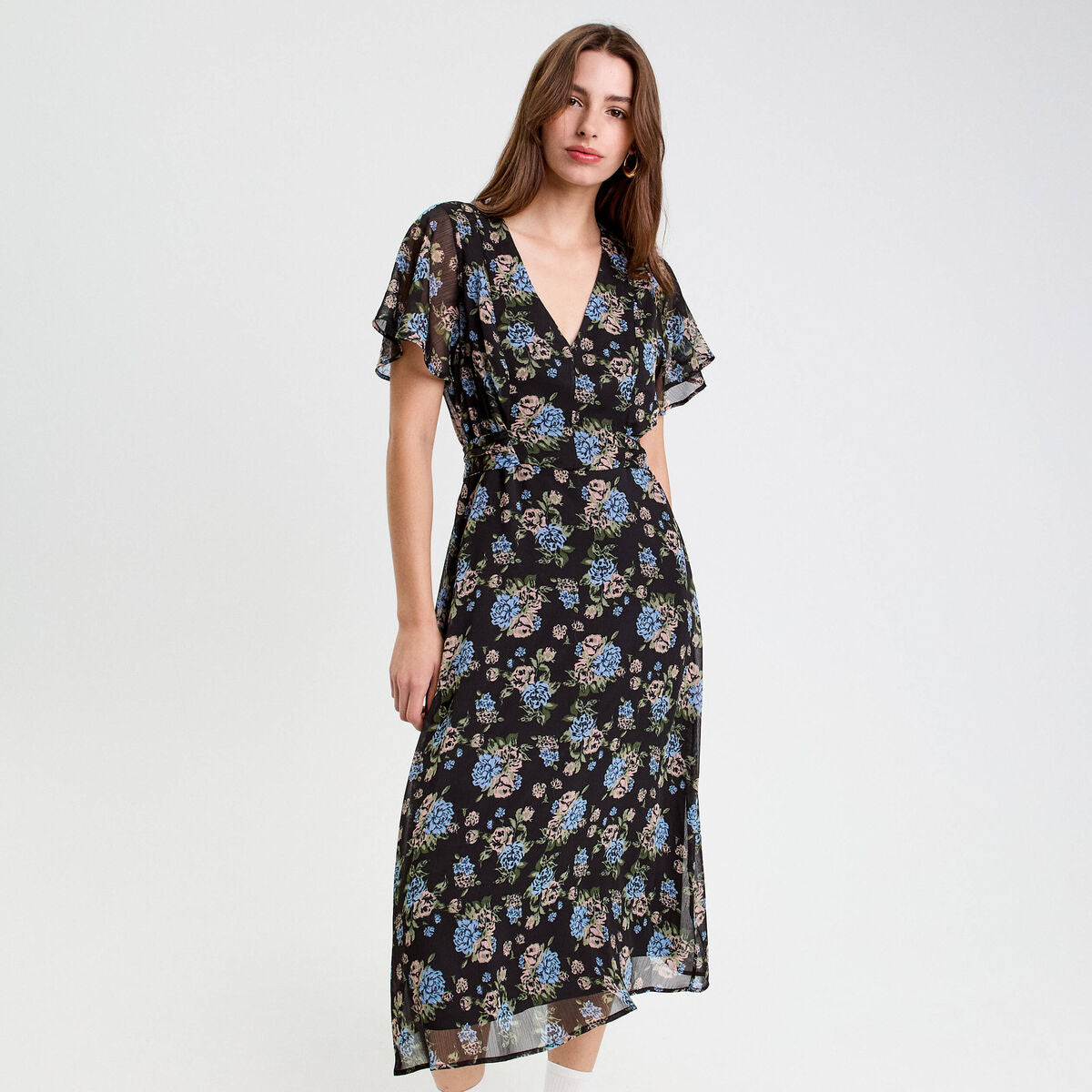 Robe évasée col v manches courtes noir femme