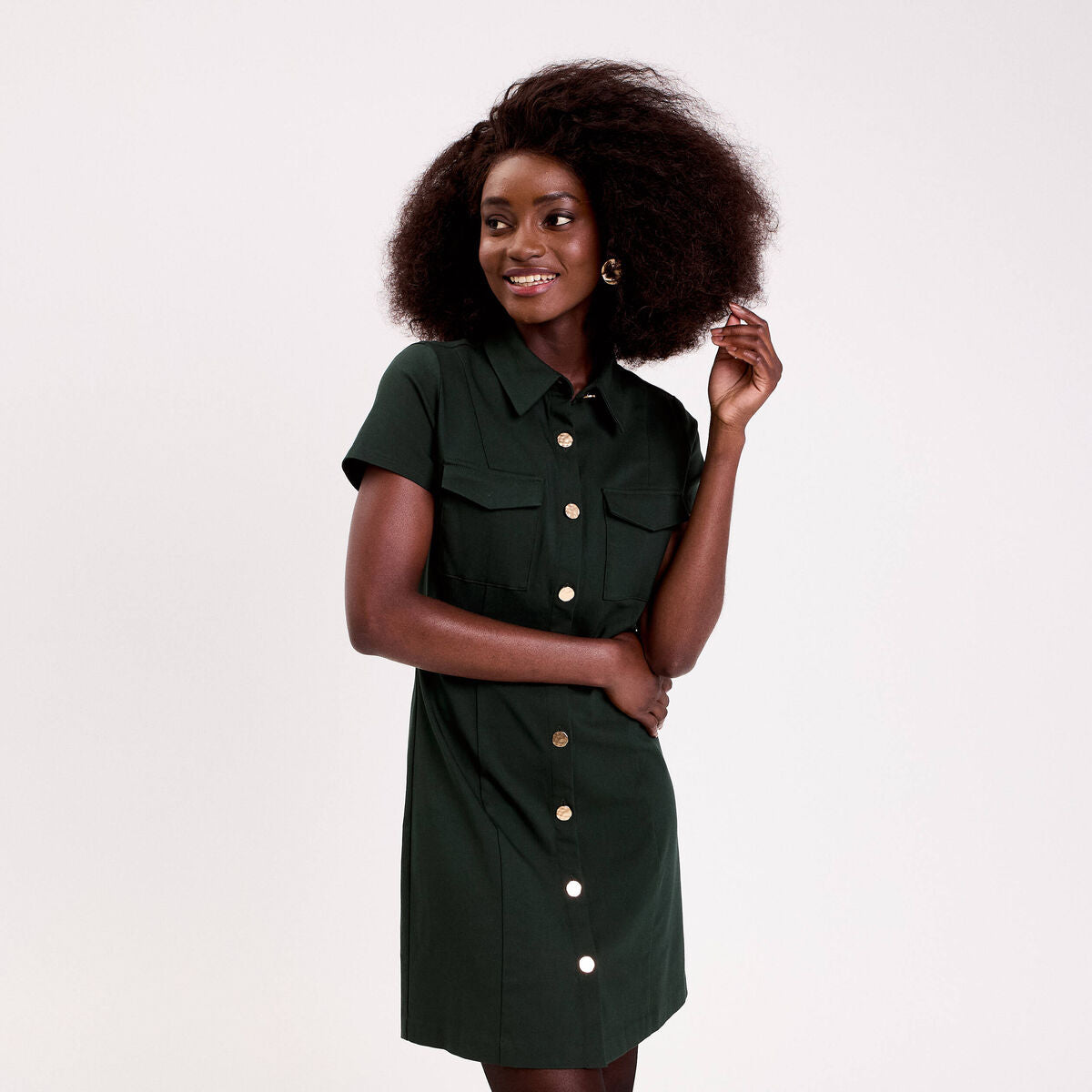 Robe droite boutonnée vert foncé femme