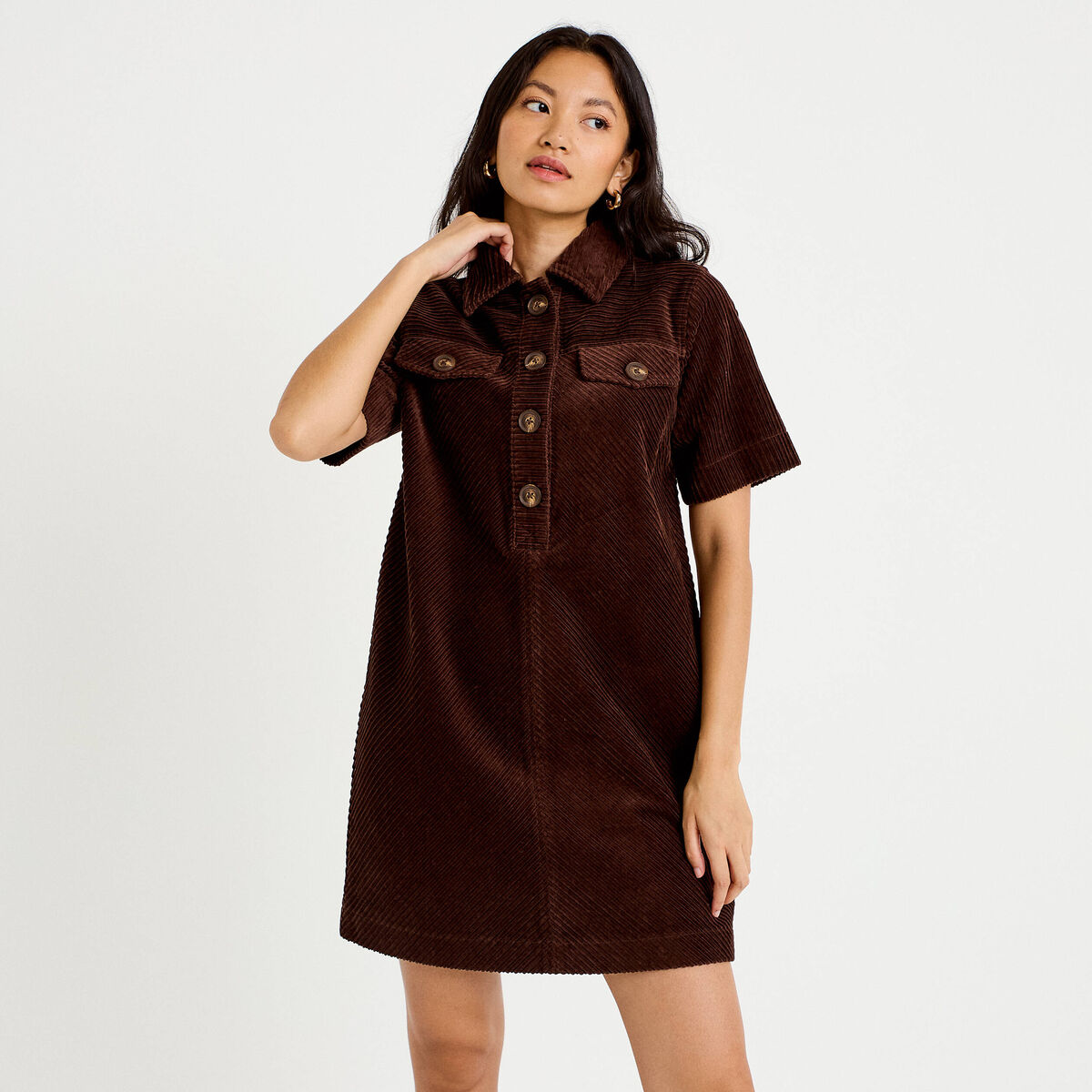 Robe courte droite en velours coton marron foncé femme