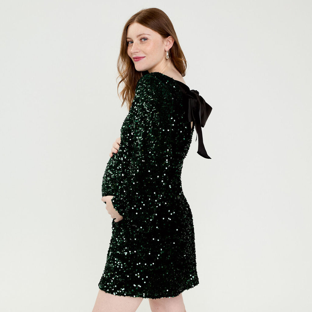 Robe à sequins dos noué vert foncé femme