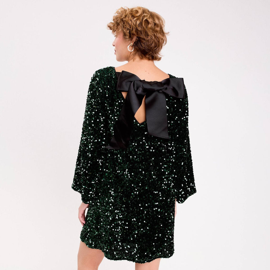 Robe à sequins dos noué vert foncé femme