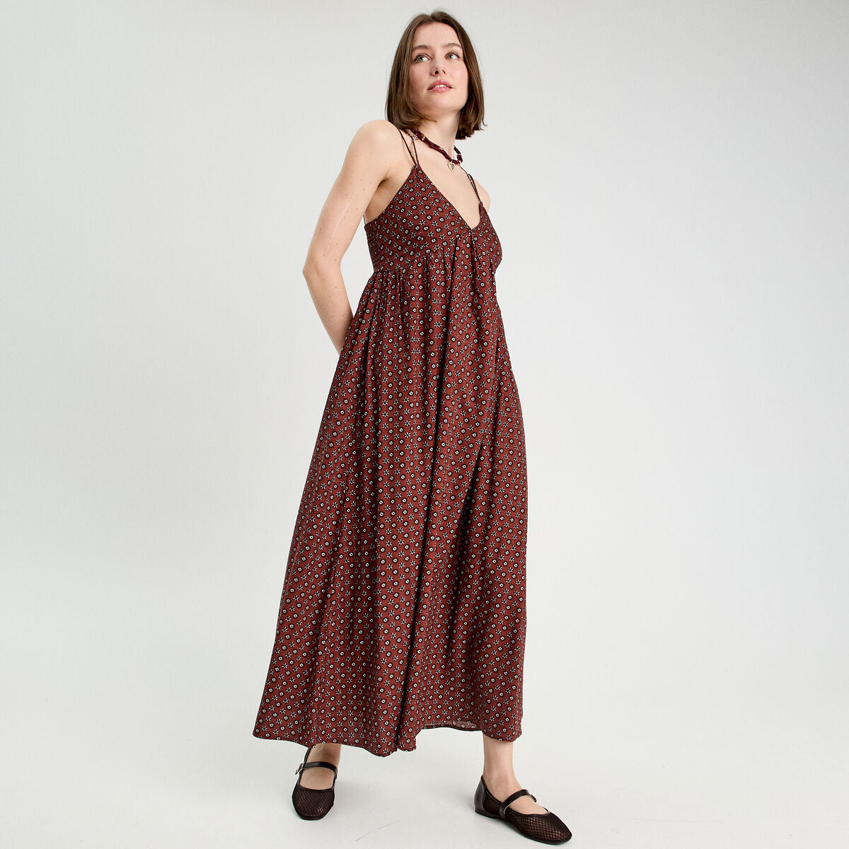 Robe longue évasée bretelles marron cognac femme