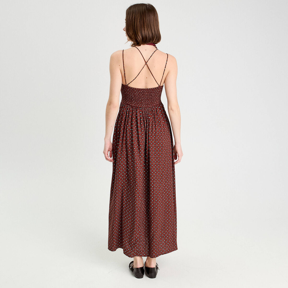 Robe longue évasée bretelles marron cognac femme