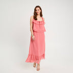 Robe longue droite volants rose pastel femme
