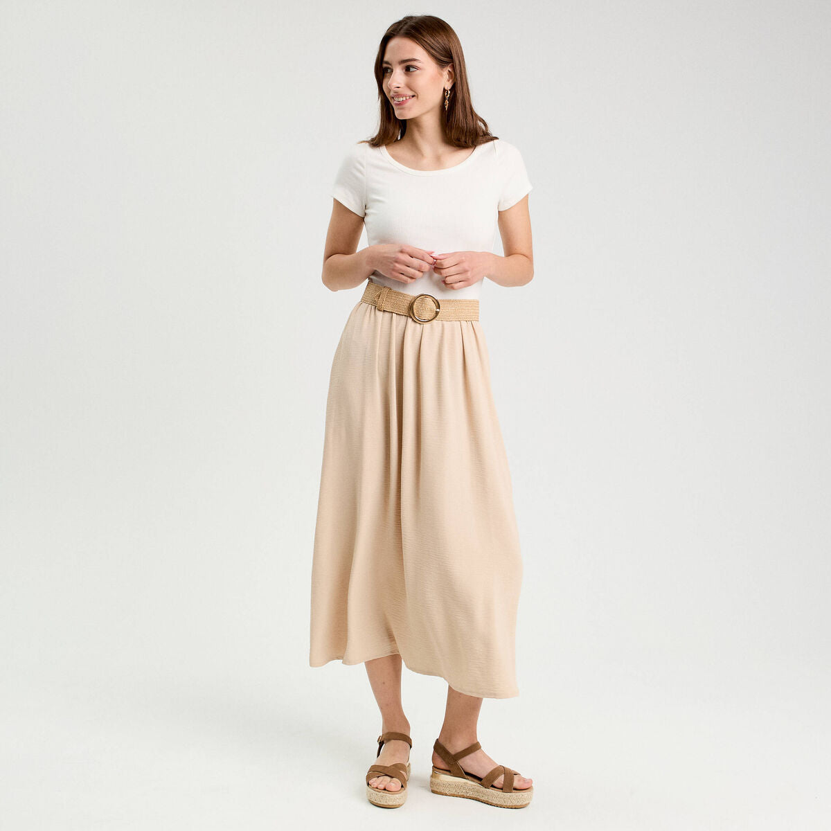 Robe longue évasée 2-en-1 beige femme