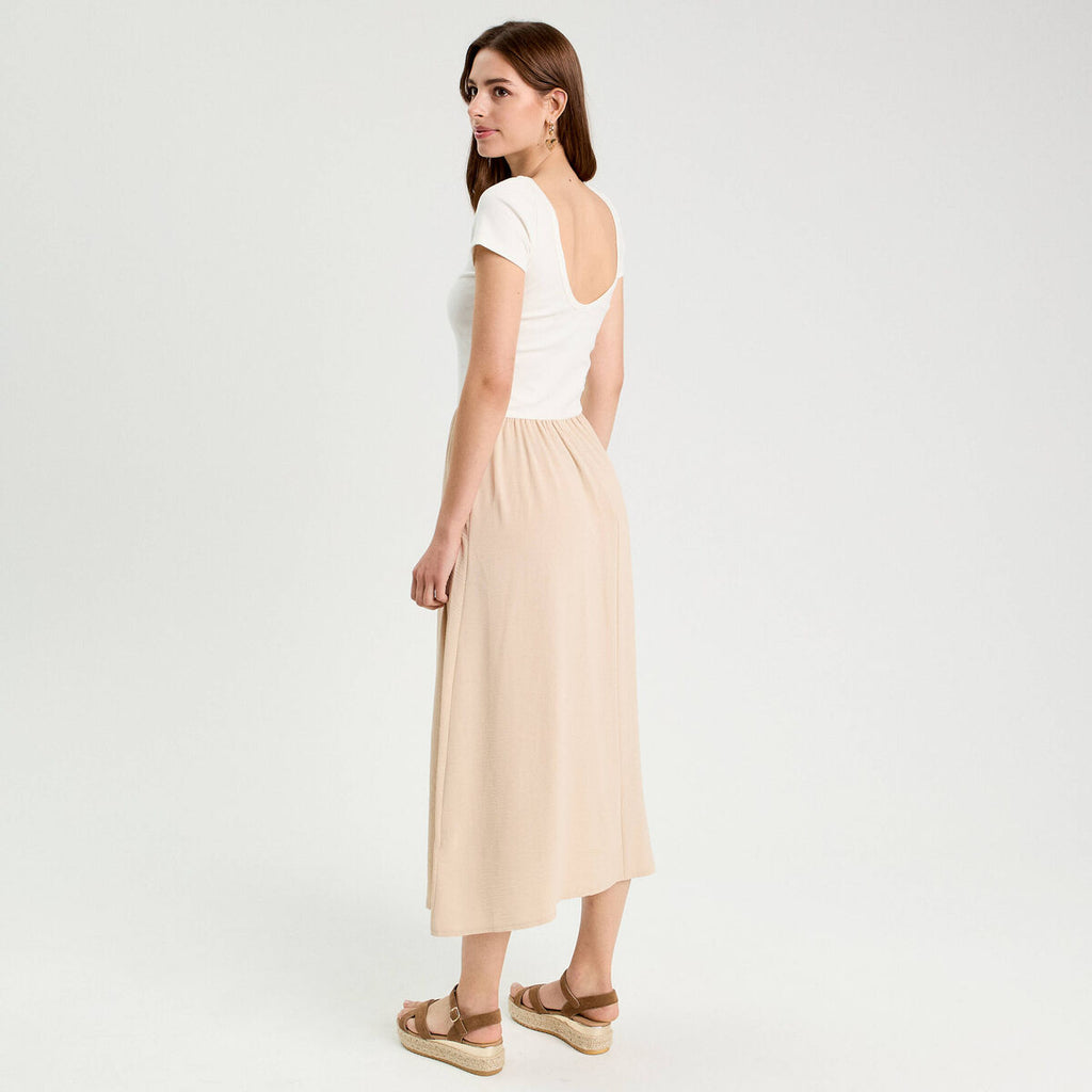Robe longue évasée 2-en-1 beige femme