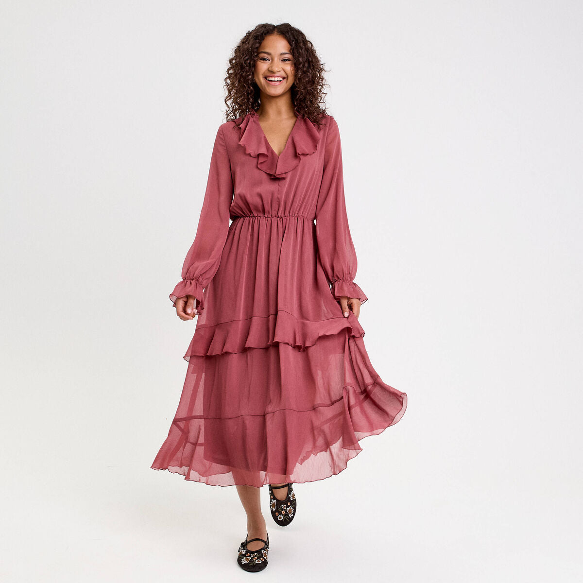 Robe longue évasée volants vieux rose femme