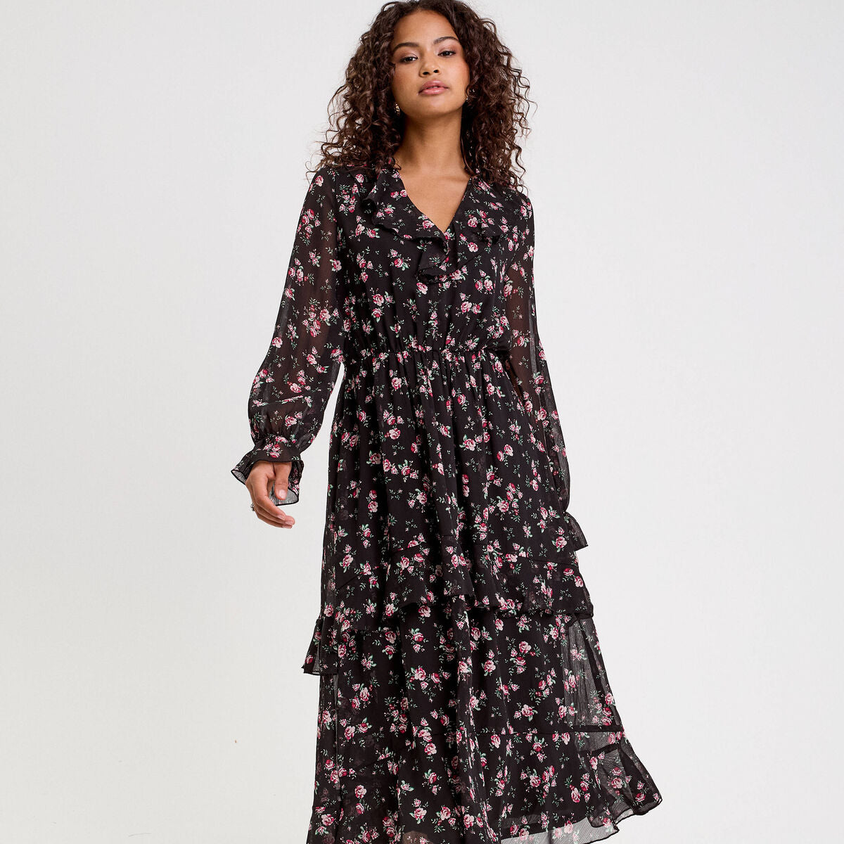 Robe longue évasée volants noir femme
