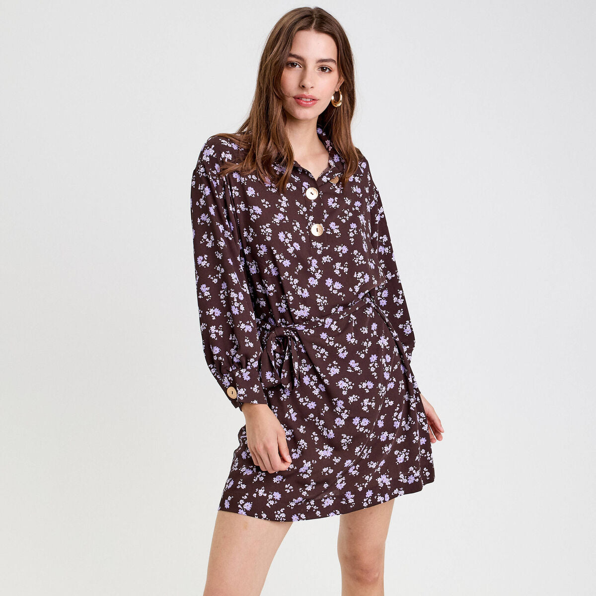 Robe courte droite col chemise marron foncé femme