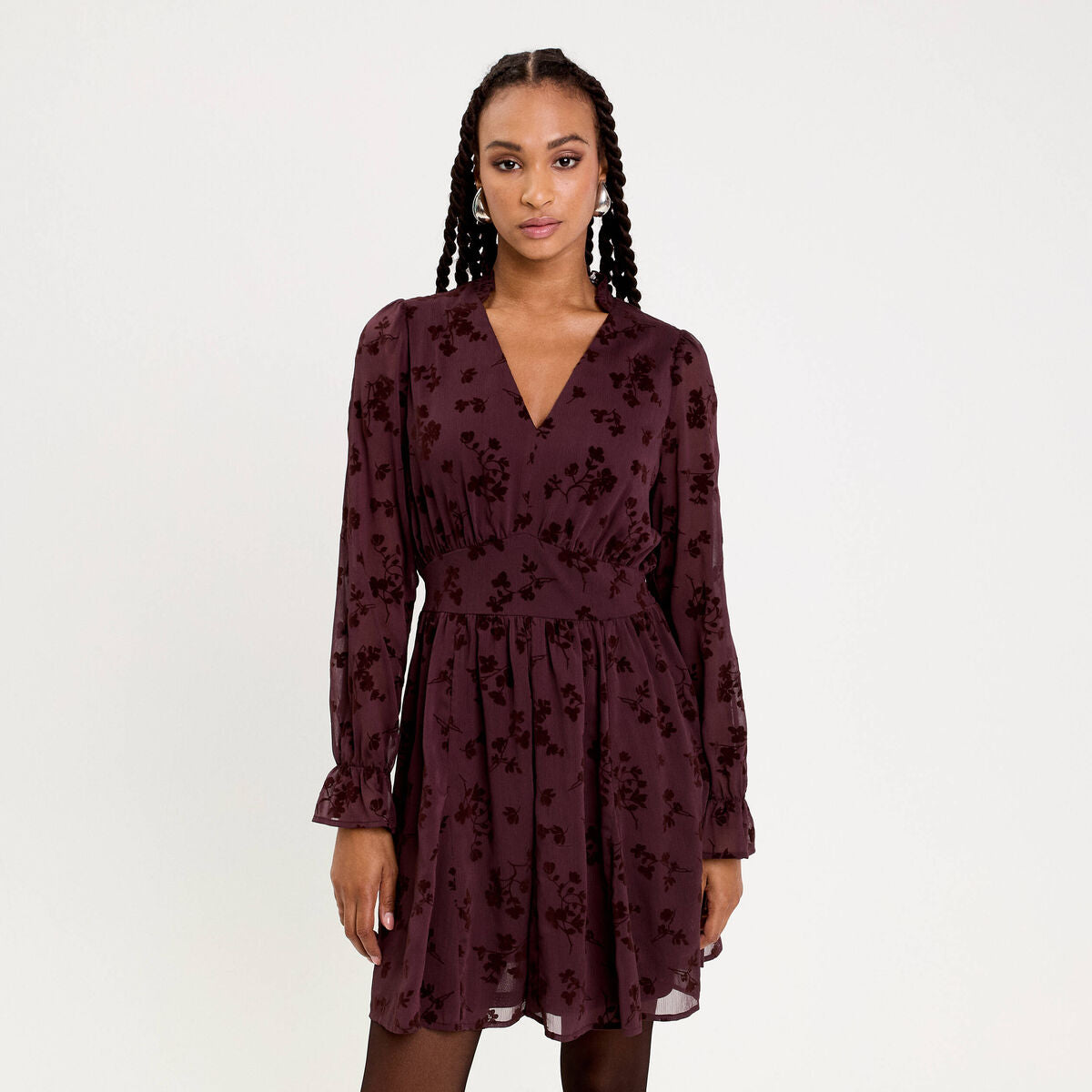 Robe courte évasée col v manches longues marron cognac femme