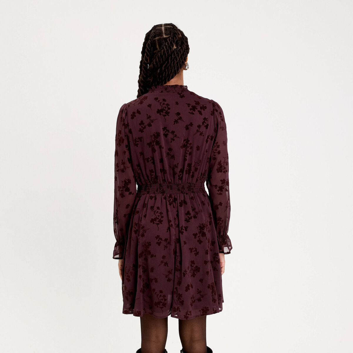 Robe courte évasée col v manches longues marron cognac femme