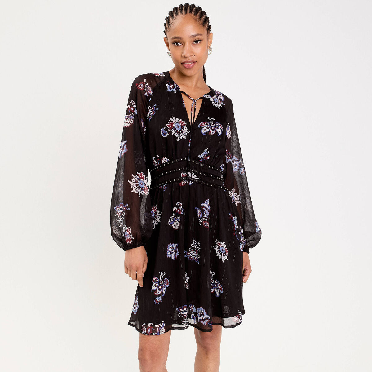 Robe courte évasée col v manches longues bleu foncé femme