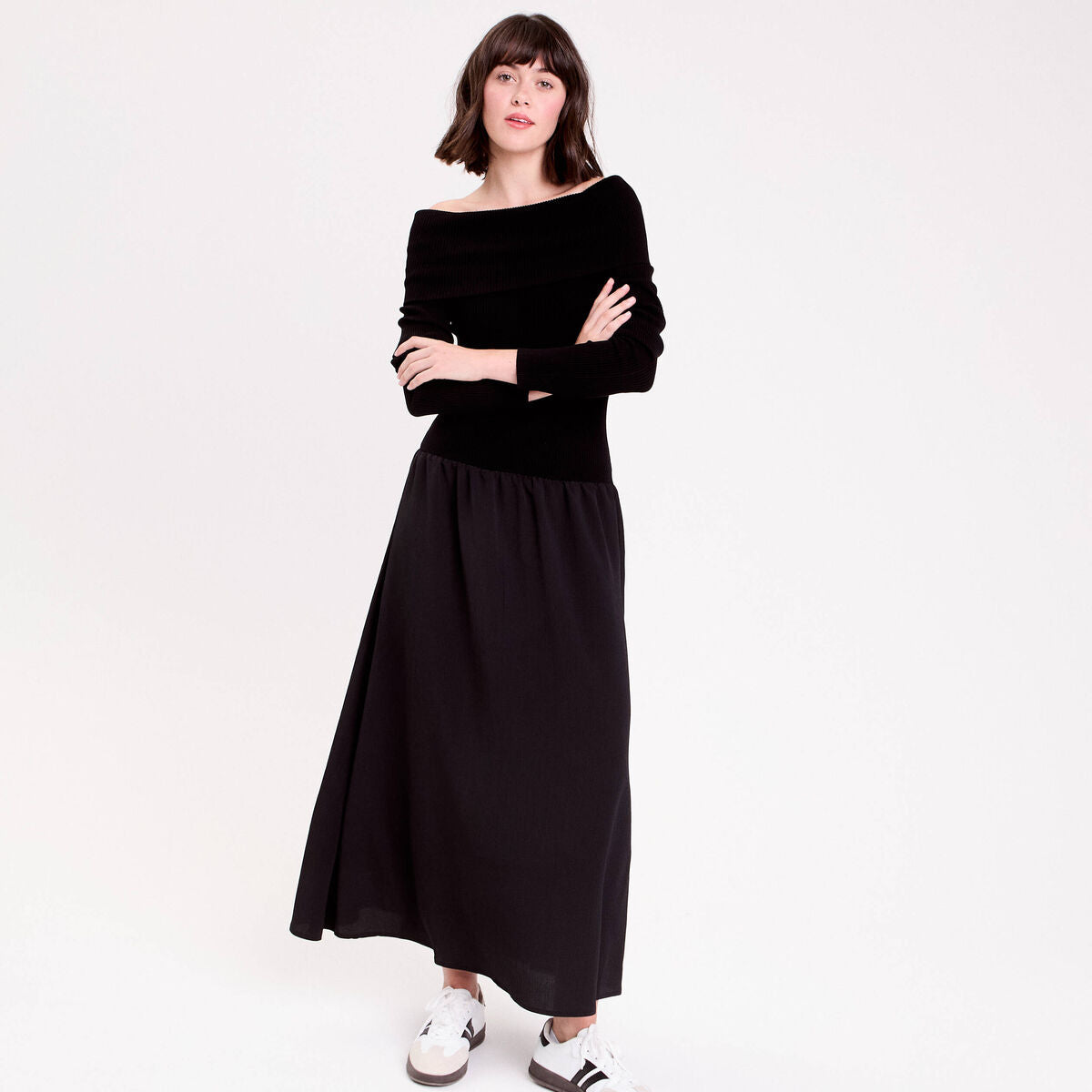 Robe longue effet 2-en-1 col bardot noir femme