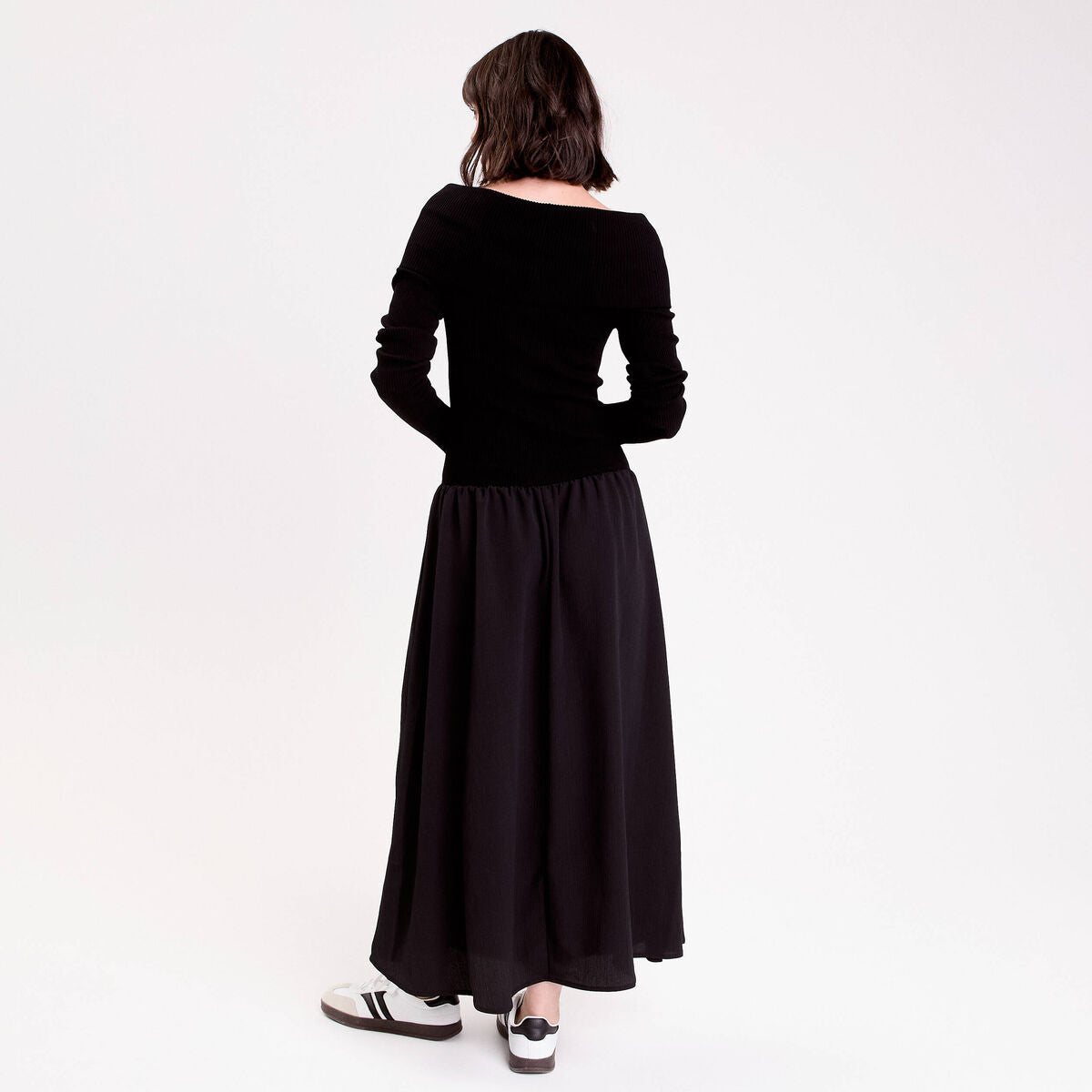 Robe longue effet 2-en-1 col bardot noir femme