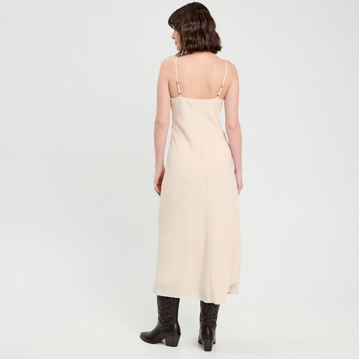 Robe longue ajustée dentelle sable femme