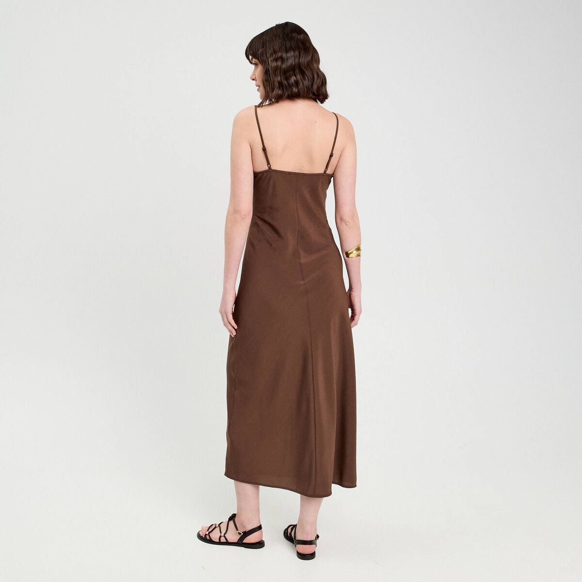 Robe longue ajustée dentelle marron foncé femme
