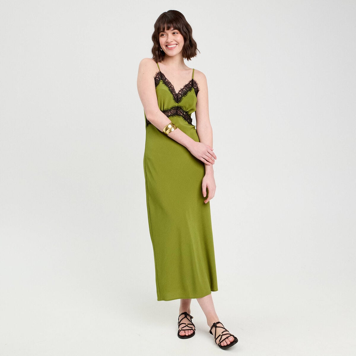 Robe longue ajustée dentelle vert foncé femme