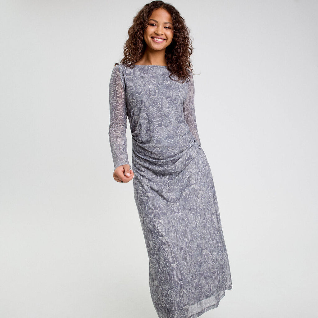 Robe longue ajustée fronces bleu gris femme
