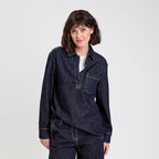 Blouse col chemise manches longues denim brut femme